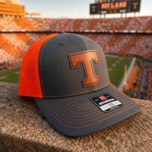 Tennessee Volunteers Power T Vols Snapback Trucker Hat Leather Patch Orange Black