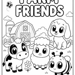 Puede incluir: Ilustraci&oacute;n en blanco y negro de una p&aacute;gina para colorear titulada "FARM FRIENDS". La imagen presenta una granja, una vaca, una oveja, un perro y una abeja. Tambi&eacute;n se incluye el texto "BY 3D NETO".