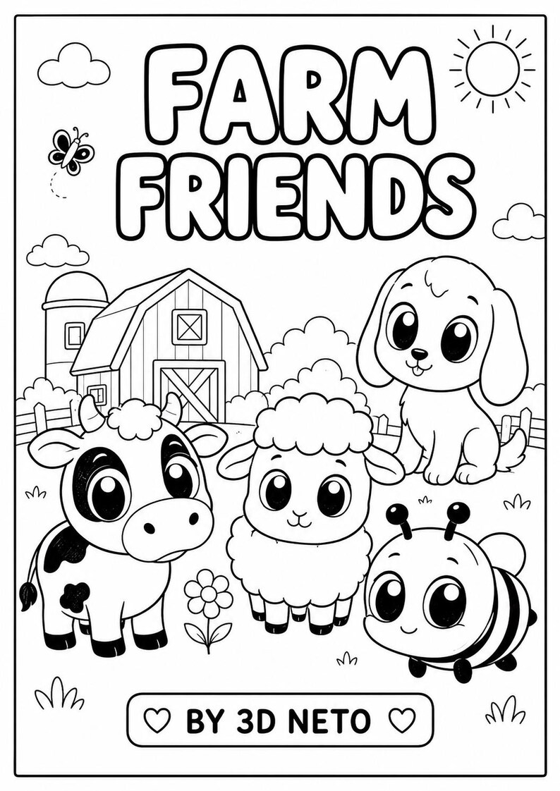 Puede incluir: Ilustraci&oacute;n en blanco y negro de una p&aacute;gina para colorear titulada "FARM FRIENDS". La imagen presenta una granja, una vaca, una oveja, un perro y una abeja. Tambi&eacute;n se incluye el texto "BY 3D NETO".