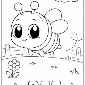Puede incluir: Ilustraci&oacute;n en blanco y negro de una abeja de dibujos animados con ojos grandes, antenas y cuerpo a rayas. La palabra "BEE" est&aacute; escrita debajo de la abeja, con estrellas a cada lado. Tambi&eacute;n se incluye una flor, una nube y una valla.