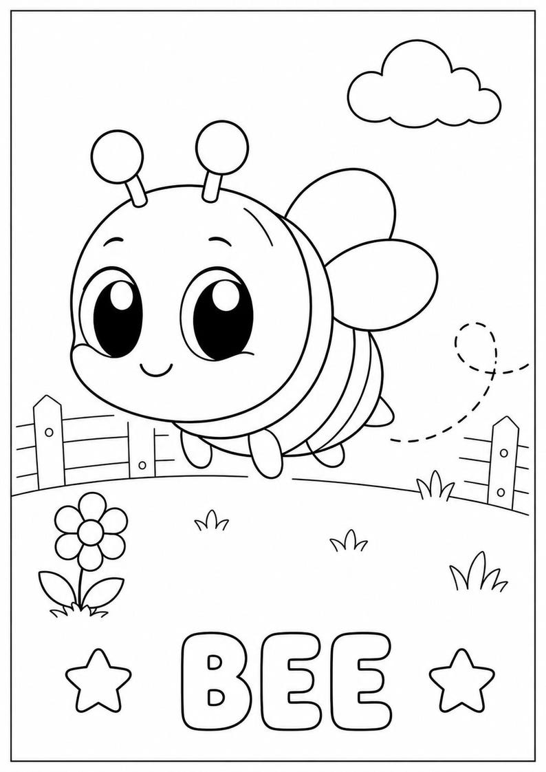 Puede incluir: Ilustraci&oacute;n en blanco y negro de una abeja de dibujos animados con ojos grandes, antenas y cuerpo a rayas. La palabra "BEE" est&aacute; escrita debajo de la abeja, con estrellas a cada lado. Tambi&eacute;n se incluye una flor, una nube y una valla.