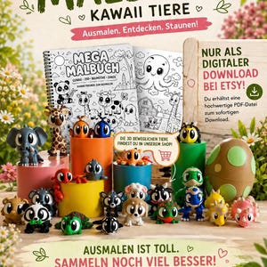 Puede incluir: Imagen de un libro para colorear titulado "MEGA MALBUCH" con el texto "KAWAII TIERE." La imagen tambi&eacute;n muestra varias figuras de animales en 3D y el texto "DIGITAL DOWNLOAD BEI ETSY!" El libro para colorear tiene dibujos de animales lindos.