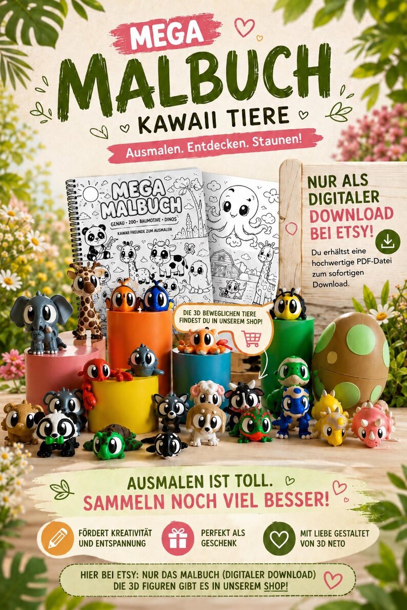 Puede incluir: Imagen de un libro para colorear titulado "MEGA MALBUCH" con el texto "KAWAII TIERE." La imagen tambi&eacute;n muestra varias figuras de animales en 3D y el texto "DIGITAL DOWNLOAD BEI ETSY!" El libro para colorear tiene dibujos de animales lindos.