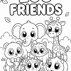 Puede incluir: Ilustraci&oacute;n en blanco y negro de seis animales de zool&oacute;gico de dibujos animados, incluyendo un elefante, una jirafa, un panda y un mapache. El texto "ZOO FRIENDS" est&aacute; en la parte superior. La imagen est&aacute; firmada "BY 3D NETO".