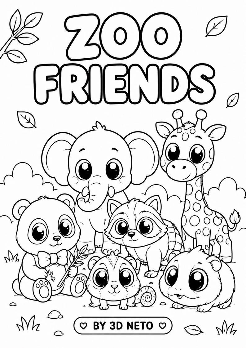 Puede incluir: Ilustraci&oacute;n en blanco y negro de seis animales de zool&oacute;gico de dibujos animados, incluyendo un elefante, una jirafa, un panda y un mapache. El texto "ZOO FRIENDS" est&aacute; en la parte superior. La imagen est&aacute; firmada "BY 3D NETO".