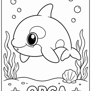 Puede incluir: Ilustraci&oacute;n en blanco y negro de una orca de dibujos animados nadando bajo el agua. La palabra "ORCA" est&aacute; escrita en letras grandes en la parte inferior, con estrellas de mar a cada lado. Tambi&eacute;n se incluyen burbujas, algas marinas y una concha.