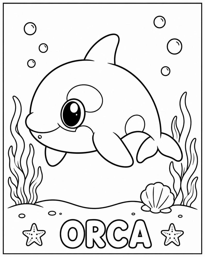 Puede incluir: Ilustraci&oacute;n en blanco y negro de una orca de dibujos animados nadando bajo el agua. La palabra "ORCA" est&aacute; escrita en letras grandes en la parte inferior, con estrellas de mar a cada lado. Tambi&eacute;n se incluyen burbujas, algas marinas y una concha.