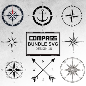 May include: A collection of compass designs in black and white, including a classic compass rose, a compass with an anchor, and crossed arrows. The text "COMPASS BUNDLE SVG DESIGN 18" is also present.
