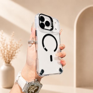 Luxury Shockproof Magnetic Phone Case With Clear Back Lens Stand And Wireless Charging Bumper