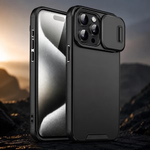 May include: Black phone case with a sliding camera cover. The case is designed to protect the phone's camera lenses. The case is made of a durable material and has a sleek, modern design. The phone case is shown with a phone inside.