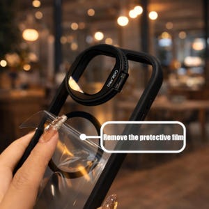 May include: Black phone case with a lens attachment. The lens is attached to the phone case with a black frame. The text "CASE.PRO" is visible on the lens attachment. The image also includes the text "Remove the protective film".