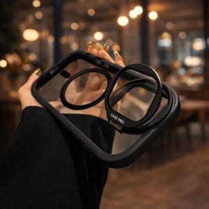 May include: A clear phone case with a black frame and a black ring holder. The ring holder has the text "CASE PRO" printed on it. The case is designed to protect the phone and provide a convenient grip.