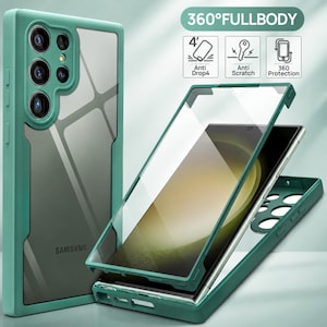 Op de afbeelding: Een teal en doorzichtige telefoonhoes met een 360-graden full-body ontwerp. De hoes wordt in drie delen getoond, met de telefoon gedeeltelijk geplaatst. De hoes heeft een doorzichtige achterkant en een teal frame. De tekst "SAMSUNG" is zichtbaar.