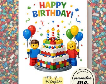 Personalised Birthday Card Block-Style Cake and Balloons, All Ages - FREE Delivery & FAST Dispatch