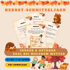 Könnte beinhalten: Ein druckbares Suchspiel mit dem Titel HERBST-SCHNITZELJAGD, bestehend aus Karten mit herbstlichen Rätseln, einer Eichhörnchen-Illustration und einem Labyrinth. Das Design zeigt einen Igel, zwei Kinder, einen Baum und eine Schatztruhe.