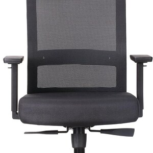 May include: Black ergonomic office chair with a mesh back and headrest. The chair features adjustable armrests, a padded seat, and a five-star base with rolling casters. The design is modern and suitable for a home or office workspace.