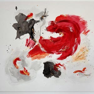 Puede incluir: Pintura abstracta con pinceladas audaces en rojo, negro y dorado sobre fondo blanco. La obra presenta una gran forma roja arremolinada y acentos negros y dorados dispersos, creando una composición dinámica.