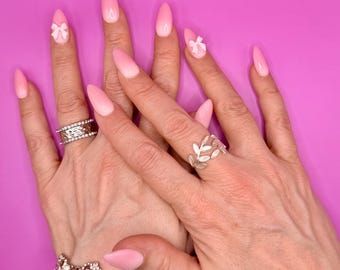 Handcrafted Pink Ombré Press-On Nails | Almond Gel-X with Bow Accent