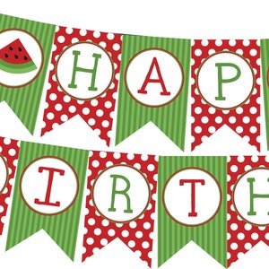 INSTANT DOWNLOAD Watermelon Happy Birthday Banner--DIY Printable;  Red Green Stripe Polka Dot