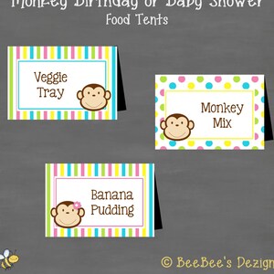 INSTANT DOWNLOAD Monkey Baby Shower or Birthday Food Tents Labels (Buffet Cards); Polka Dot Stripe Boy Girl Twins