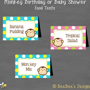 INSTANT DOWNLOAD Monkey Baby Shower or Birthday Food Tents Labels (Buffet Cards); Polka Dot Boy Girl Twins