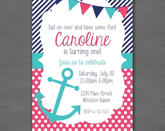 May include: A nautical themed birthday party invitation with a blue and white striped background, pink and white polka dots, and a turquoise anchor. The invitation says "Sail on over and have some fun! Caroline is turning one! Join us to celebrate Saturday, July 30 11:00am-1:00pm 1234 Main Street Winston-Salem RSVP to 555-5555 BeeBee's Dezigns"