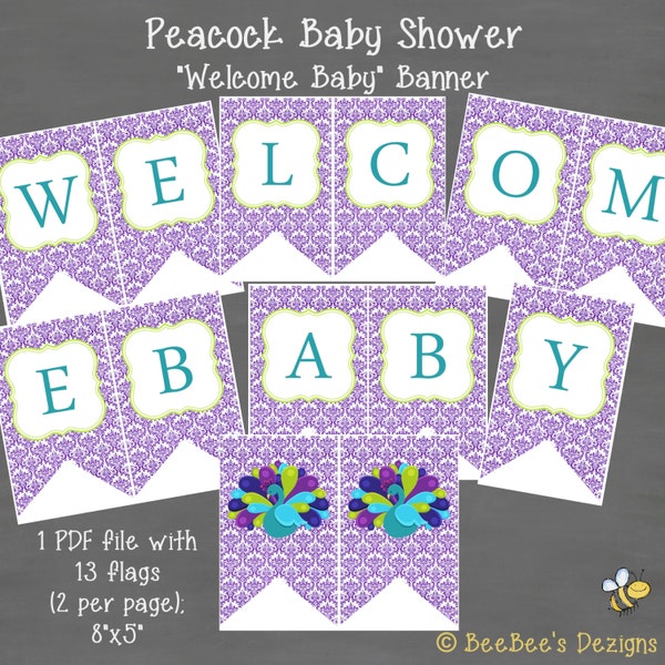 INSTANT DOWNLOAD  Peacock Baby Shower Welcome Baby Banner--DIY Printable; Purple Green Teal Damask Baby Girl