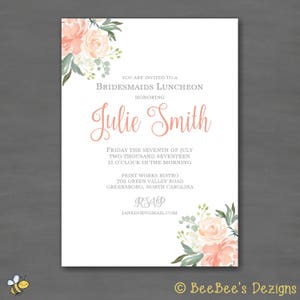 Simple Elegant Bridesmaids Luncheon Bridal Brunch Invitation; Printable File Printed Invitations; Peach Green Flower