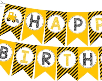 INSTANT DOWNLOAD Construction Happy Birthday Banner--DIY Printable;   Black Yellow Dump Truck Digger