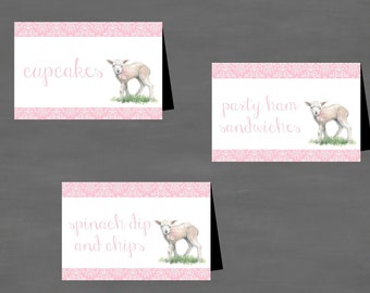INSTANT DOWNLOAD Sweet Little Girl Lamb Food Tents Labels (Buffet Cards)--DIY Printable; Pink Damask