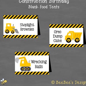 TÉLÉCHARGEMENT INSTANTANÉ Construction Birthday Food Tents Labels (Buffet Cards)--DIY Printable; Construction Dump Truck Jaune Noir Garçons