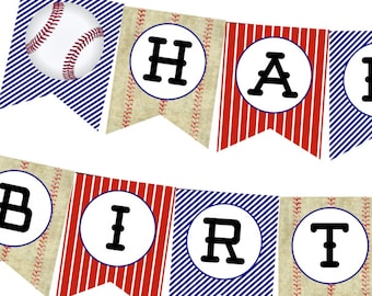May include: A baseball-themed birthday banner with red, white, and blue pennants. The banner reads "Happy Birthday".
