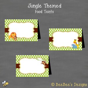 INSTANT DOWNLOAD Jungle Baby Shower or Birthday Food Tents Labels (Buffet Cards) Monkey Lion Elephant Giraffe Gender Neutral