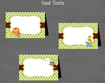 INSTANT DOWNLOAD Jungle Baby Shower or Birthday Food Tents Labels (Buffet Cards) Monkey Lion Elephant Giraffe Gender Neutral