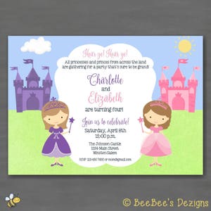 Twin or Sibling Princess Royal Birthday Party Invitation- Pink Purple Princesses Castle Girl Printable or Printed Invitations