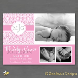 Baby Girl Photo Birth or Adoption Announcement Pink Damask with Monogram image 1