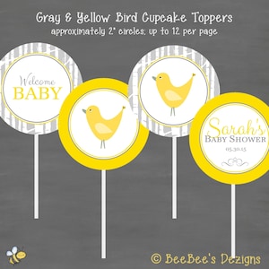 Gray Yellow Gender Neutral Bird Baby Shower Cupcake Toppers--Custom Printable; Birch Tree