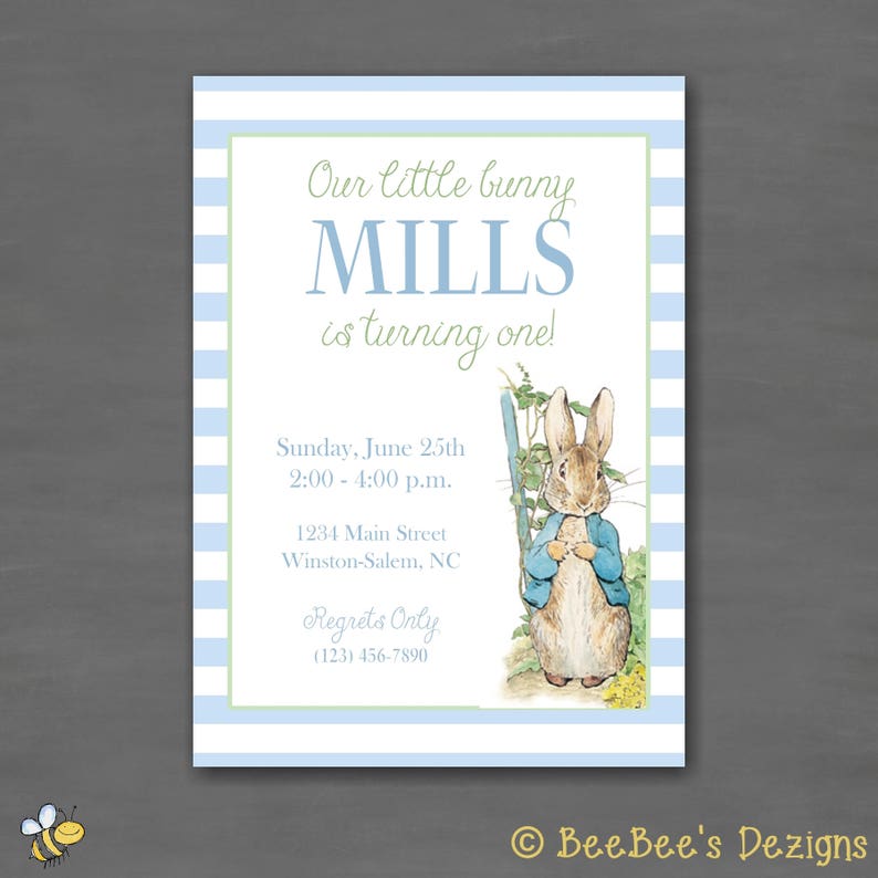 Peter Rabbit Birthday Party Invitation Blue Green Bunny First Etsy