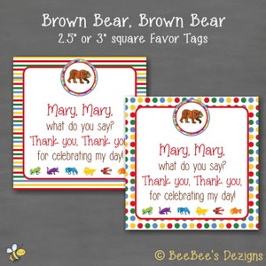 Eric Carle Brown Bear, Brown Bear Birthday Square Favor Tags--Custom Printable