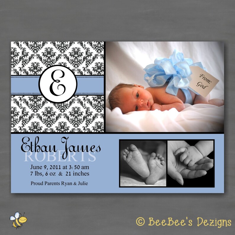 Baby Boy Photo Birth or Adoption Announcement; Blue with Black Damask; Monogram