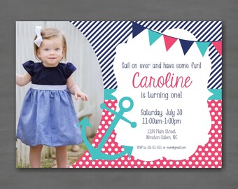 May include: A nautical-themed birthday invitation with a photo of a young girl in a blue and white dress. The invitation features a blue and white striped background with a red and white polka dot anchor. The text on the invitation reads "Sail on over and have some fun! Caroline is turning one! Saturday, July 30 11:00am-1:00pm 1234 Main Street Winston-Salem, NC RSVP to 336-555-5855 or mom@gmail.com"