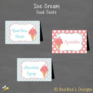 INSTANT DOWNLOAD Ice Cream Baby Shower or Birthday Food Tents Labels (Buffet Cards) Girl So Sweet  Pink Blue Stripe Polka Dot