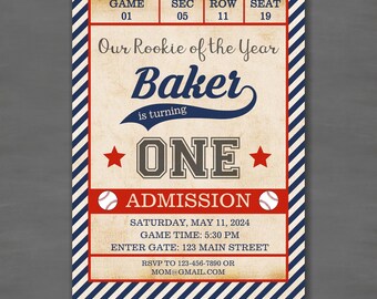 Baseball Rookie of Year First Birthday Party Invitation--Printable Printed Invitation; Red White Blue Baseball Patriotic