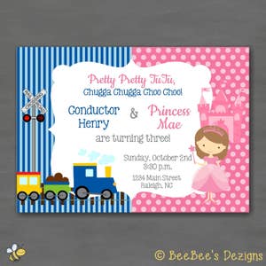 Twin Sibling Tutu Choo Choo Birthday Party Invitation- Pink Blue Stripe Polka Dot Boy Girl Princess Train Printable or Printed Invitations