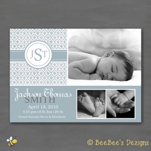 May include: A black and white photo announcement for a baby boy named Jackson Thomas Smith. The announcement includes the baby's birth date, time, weight, and length. The announcement also includes a photo of the baby sleeping and a photo of the baby's feet and hand.