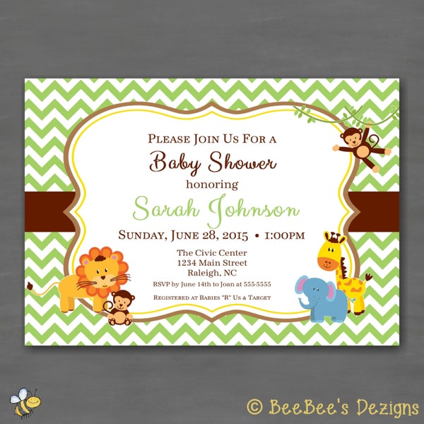 Jungle Baby Shower Gender Neutral Party Invitation--Printable Invitation, Printed Invitation Green Brown Yellow Chevron