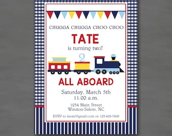 All Aboard Train Birthday Party Invitation--Blue Red Navy Yellow Gingham Stripe