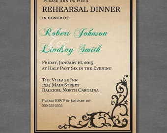 Vintage Rustic Elegant Rehearsal Dinner or Wedding Invitation w/ Swirls Scroll