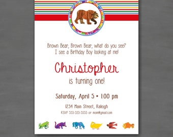 Brown Bear, Brown Bear Birthday Party Invitation Stripe