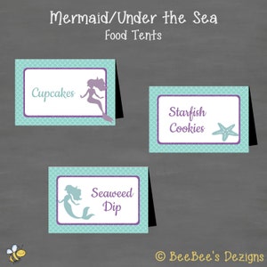INSTANT DOWNLOAD Mermaid Baby Shower or Birthday Food Tents Labels (Buffet Cards or Place Cards) Under the Sea  Purple Turquoise Glitter